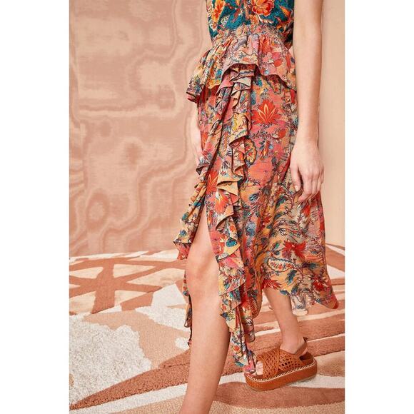 NWT Ulla Johnson Skirt Midi Long Orange Red Floral Ursa Paisley 100% Silk Sz 10 - Picture 2 of 10